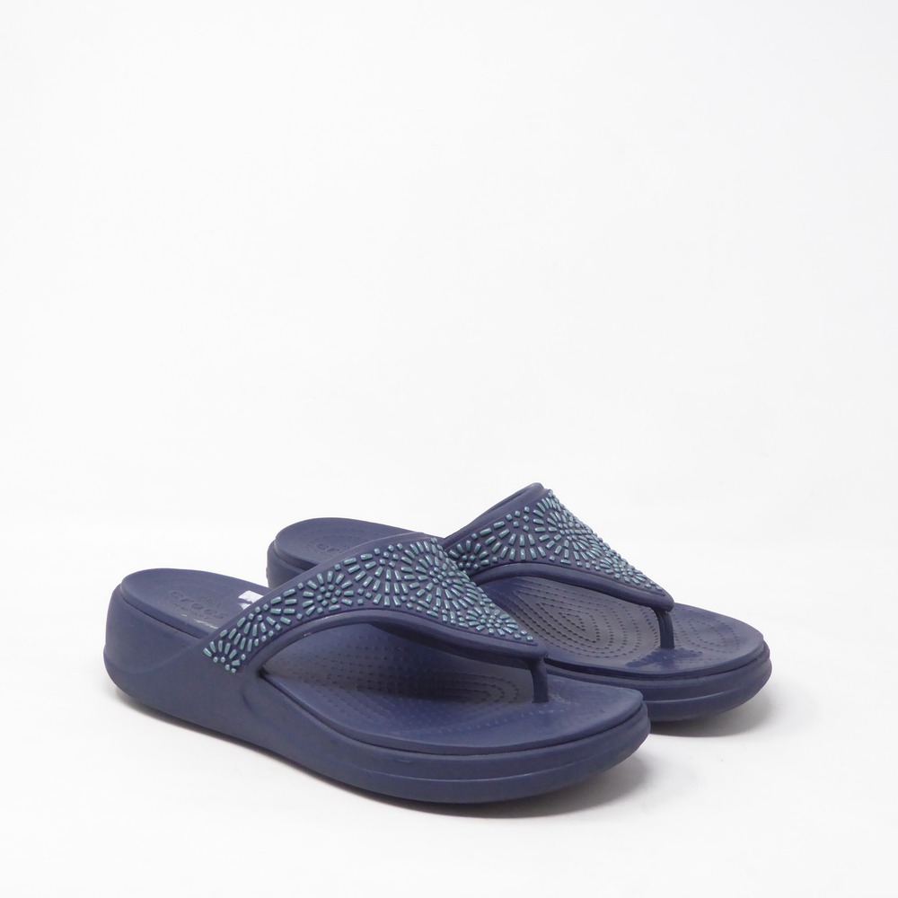 Crocs Women Diamante Wedge Flip Flop Sandals Blue Sloane Embellished Size 8